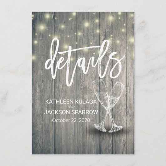 Informationen zur Hochzeit Champagne Glasses Wood Begleitkarte (Vorderseite)
