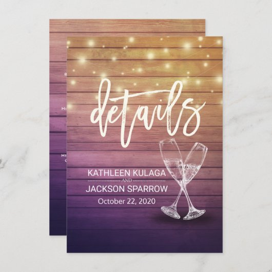Informationen zur Hochzeit Champagne Glasses Wood Begleitkarte (Vorne/Hinten)