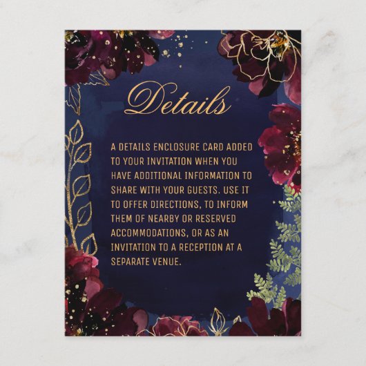 Informationen zur Hochzeitsfeier von Navy Bordeaux Begleitkarte (Vorderseite)