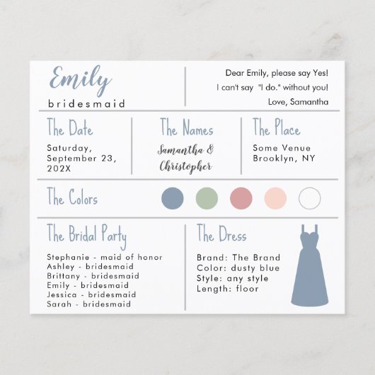 Informationskarte für die farbige Dress Blue Bride (Vorderseite)