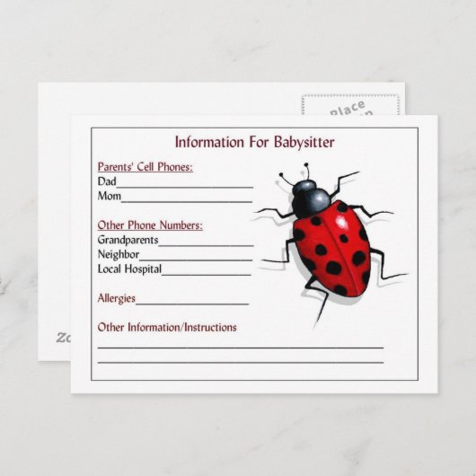 Informationskarten für Babysitter: Ladybug, Kinder Postkarte (Vorne/Hinten)