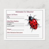 Informationskarten für Babysitter: Ladybug, Kinder Postkarte (Vorderseite)