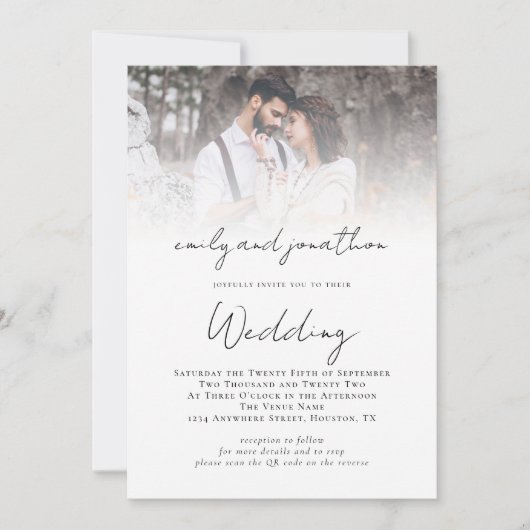 Informelle Script QR Code Foto Overlay-Hochzeit Einladung (Vorderseite)