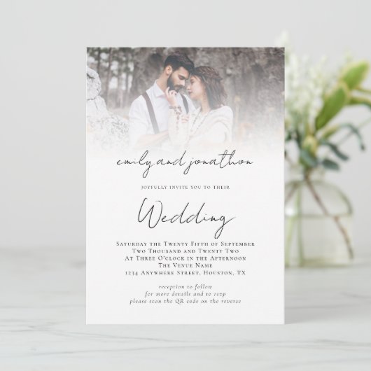 Informelle Script QR Code Foto Overlay-Hochzeit Einladung (Stehend Vorderseite)