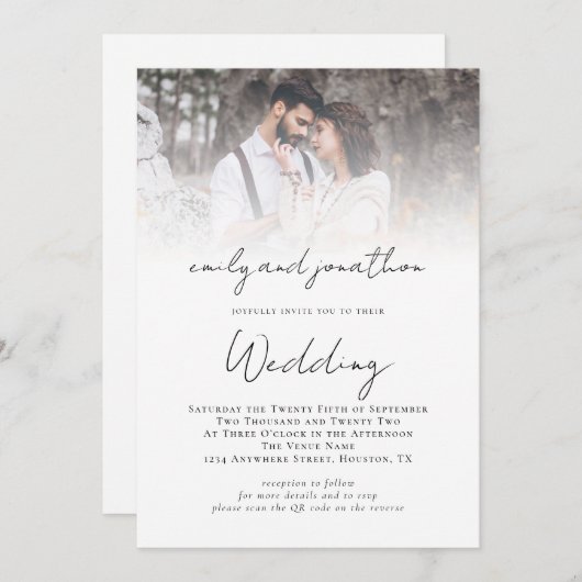 Informelle Script QR Code Foto Overlay-Hochzeit Einladung (Vorne/Hinten)