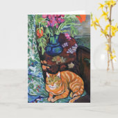 Ingwer-Katze und Blumenstrauß der Blumen durch Karte (Gelbe Blume)