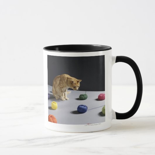 Ingwer Tabbykatze, die auf Tabelle sitzt Tasse (Rechts)