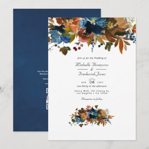 Ingwer- und Marineblumen-Hochzeit mit QR-Code-RSVP Einladung