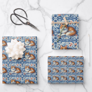 Ingwerkatze Blau Weiße Florale Englische Delft Geschenkpapier Set