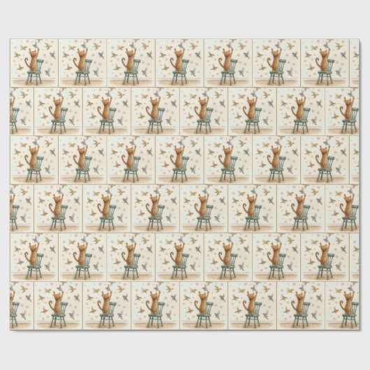 Ingwerkatze, die einen Vogel auf Papier fängt Geschenkpapier (Flach)