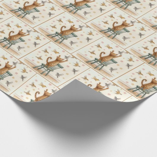 Ingwerkatze, die einen Vogel auf Papier fängt Geschenkpapier (Ecke)