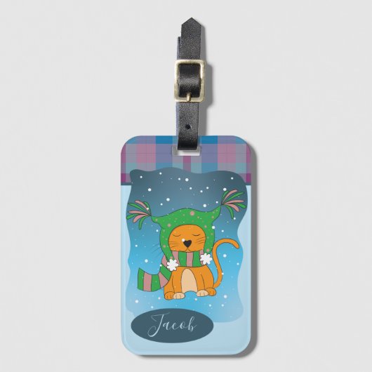 Ingwerkatze im Schnee | Winter-Gepäckmarke Gepäckanhänger (Vorderseite Vertikal)