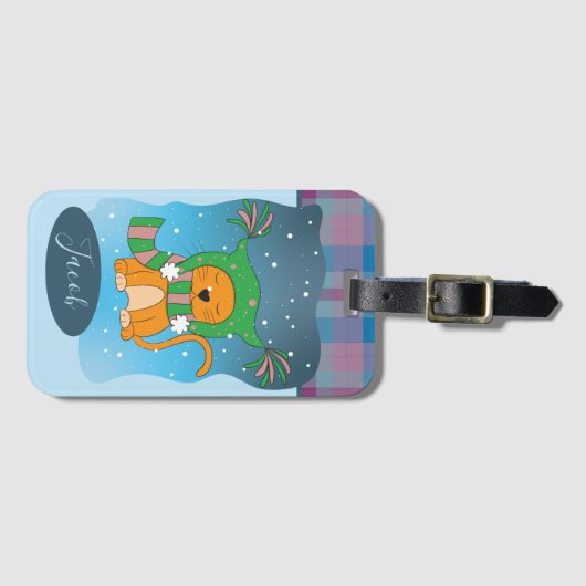 Ingwerkatze im Schnee | Winter-Gepäckmarke Gepäckanhänger (Vorderseite (Horizontal))