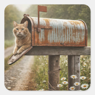 Ingwerkatze in einer Mailbox Quadratischer Aufkleber