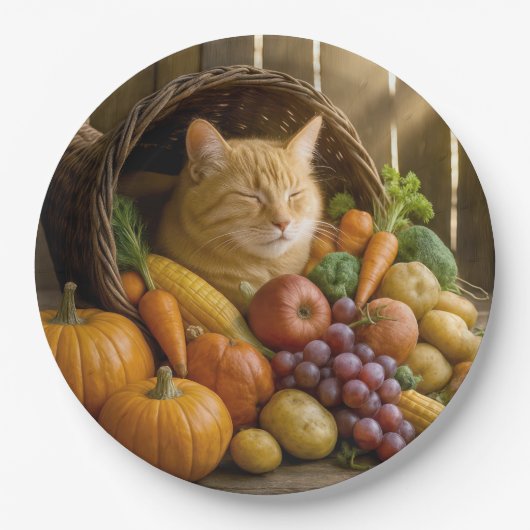 Ingwerkatze in einer Thanksgiving-Cornucopia Pappteller (Vorderseite)