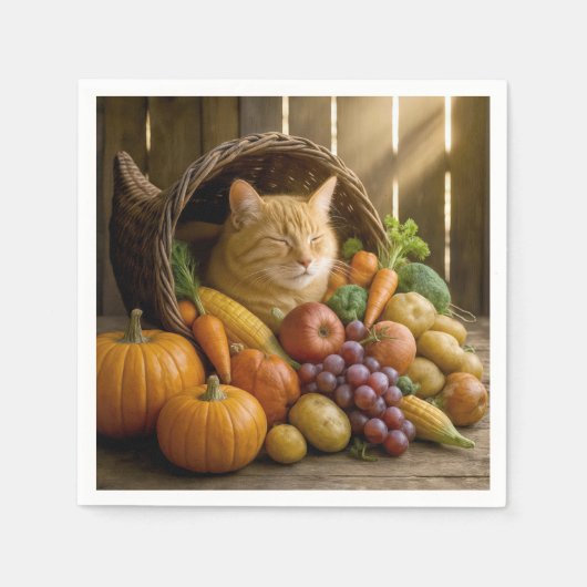 Ingwerkatze in einer Thanksgiving-Cornucopia Serviette (Vorderseite)