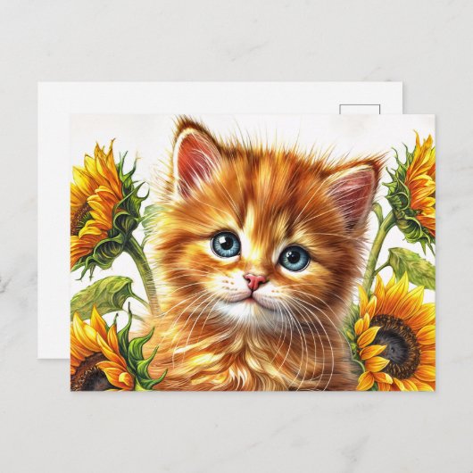 Ingwerkatze mit Sonnenblumen Wasserfarbe Postkarte (Vorne/Hinten)