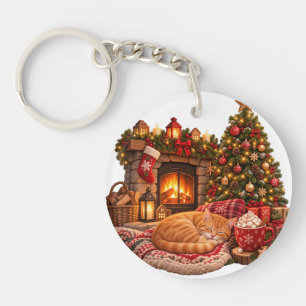 Ingwerkatze schlafend am Kamin Weihnachts-Clipart Schlüsselanhänger