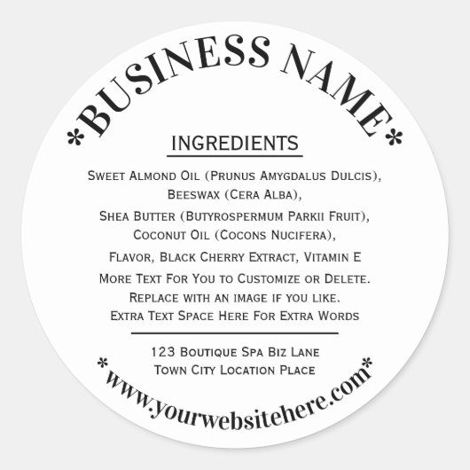 Inhaltsstoffe Etikett Weiß Schwarz Runder Aufkleber (Vorderseite)