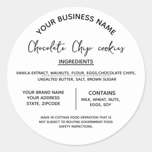 Inhaltsstoffe von Schokolade-Cookies: Unternehmen Runder Aufkleber (Vorderseite)