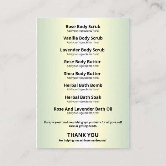 Inhaltsverzeichnis für den Glitzer Holografisch Ro Visitenkarte (Rückseite)