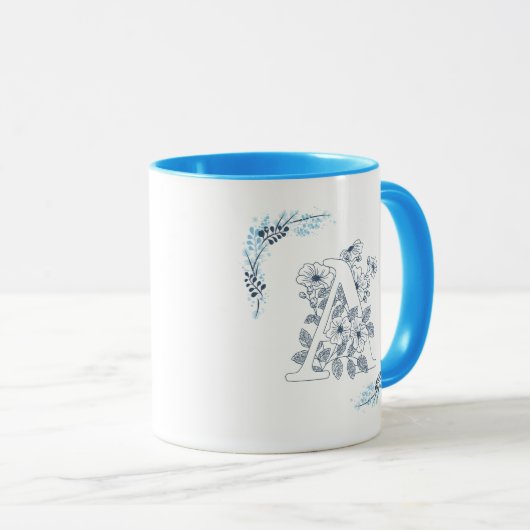 Initial "A" Blue Monogram Calm Floral Coffee Tasse (VorderseiteRechts)