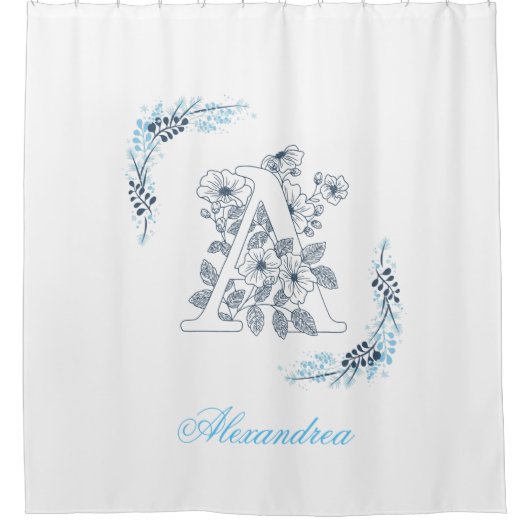 Initial "A" Blue Monogram Calm Floral Duschvorhang (Vorderseite)