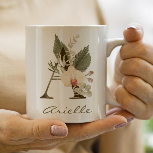 Initial A Boho Floral Orchid Grüne Individuelle Na Kaffeetasse