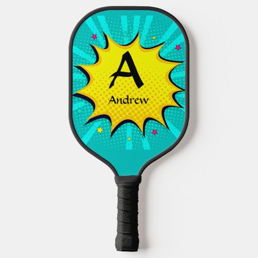 Initial ändern, Name hinzufügen, Pop Art Aqua Gelb Pickleball Schläger (Rückseite)