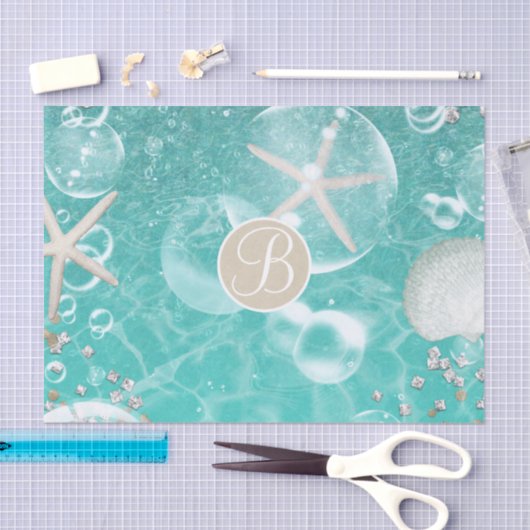 Initial aquamarine Strandfische & Bubbles Beach Mo Seidenpapier (Handwerk)