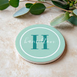 Initial Aquamarines grünes Monogramm Getränkeuntersetzer<br><div class="desc">Das elegante, runde, personalisierte Getränke-Untersetzer-Design zeichnet sich durch ein klassisches Serif-Monogramm aus, das in einer smaragdgrünen/aquamarinen grünen Farbe mit Ihrem Nachnamen in einem modernen, weißen Kalligraphieskript vor einem minziösen, seafoam grünen Hintergrund beginnt. Ein einfacher weißer Kreis umrahmt das Design. Das Farbschema kann so angepasst werden, dass es sich perfekt mit...</div>