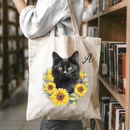 Initial Black Cat Sunflower Wreath Monogram Tragetasche