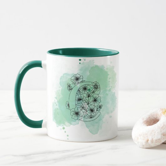 Initial C Aquarellmonogramm Grün Botanisch Tasse (Mit Donut)