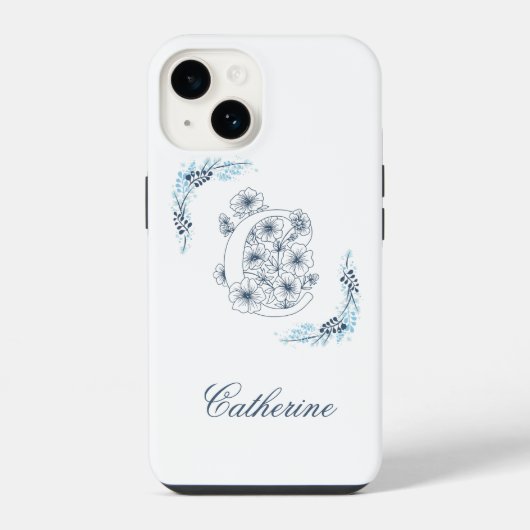 Initial "C" Blue Monogram Calm Floral iPhone Hülle (Rückseite)