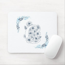Initial "C" Blue Monogram Calm Floral Mousepad
