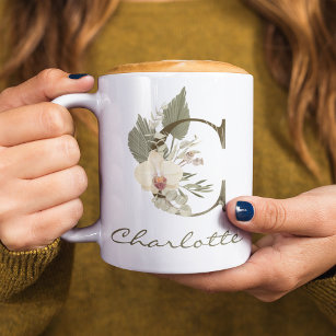 Initial C Boho Floral Orchid Greenery Individuelle Kaffeetasse