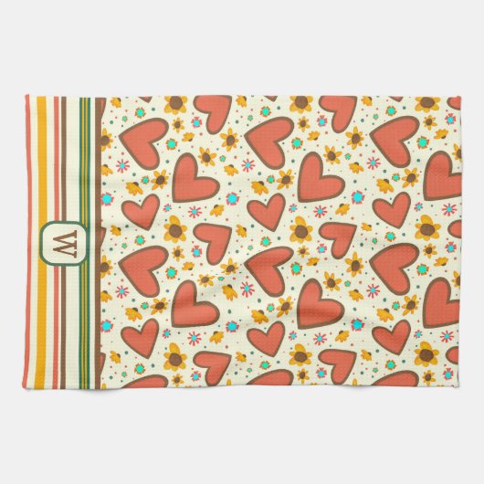 Initial Chic Heart Floral Pattern Monogramm Geschirrtuch (Horizontal)