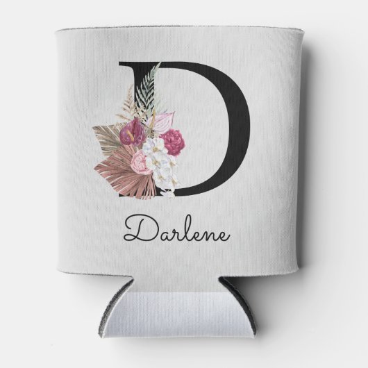 Initial D Mit Monogramm Pink Boho Floral Dosenkühler (Vorderseite)