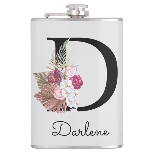 Initial D Mit Monogramm Pink Boho Floral Flachmann (Vorderseite)