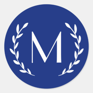 Initial der Custom White Navy Laurel Monogram Lett Runder Aufkleber