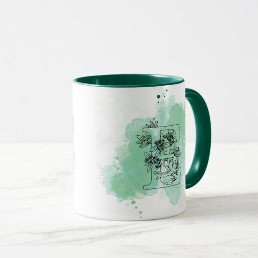 Initial E Aquarellmonogramm Grün Botanisch Tasse (VorderseiteRechts)