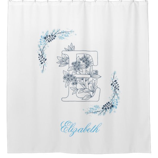 Initial "E" Blue Monogram Calm Floral Duschvorhang (Vorderseite)