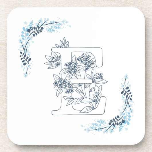 Initial "E" Blue Monogram Calm Floral Getränkeuntersetzer (Vorderseite)
