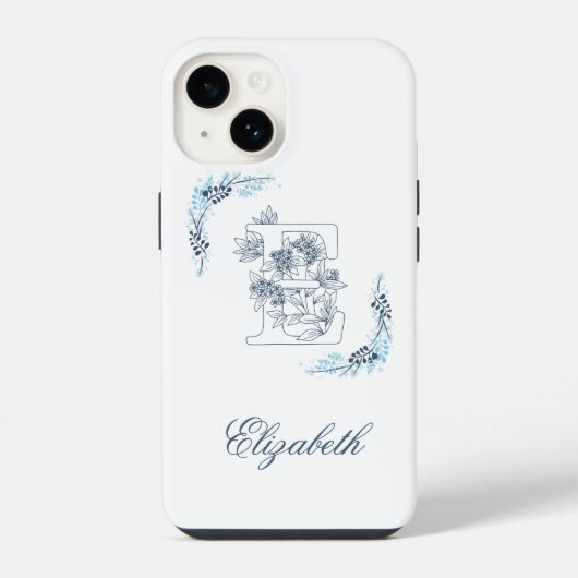 Initial "E" Blue Monogram Calm Floral iPhone Hülle (Rückseite)