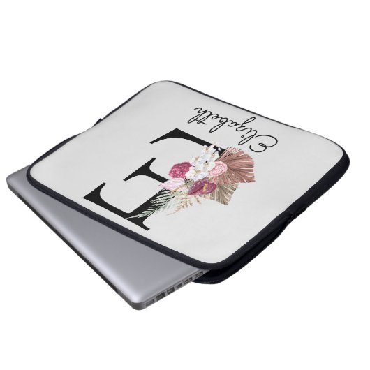Initial E Modern Pink Boho Girly Floral Laptopschutzhülle (Vorne Knopf)