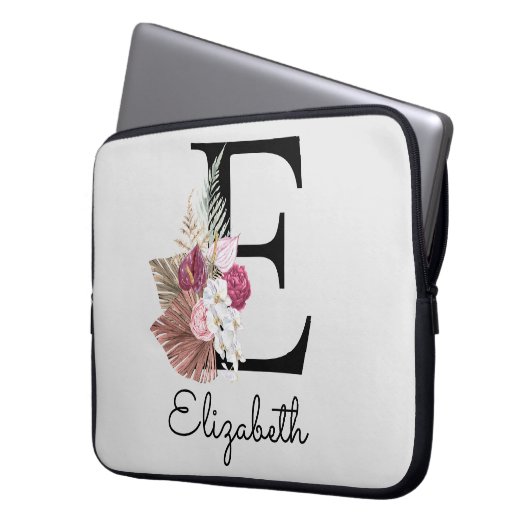 Initial E Modern Pink Boho Girly Floral Laptopschutzhülle (Vorderseite Links)