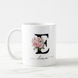 Initial E Pink Roses Floral Blume Monogramm Name Kaffeetasse
