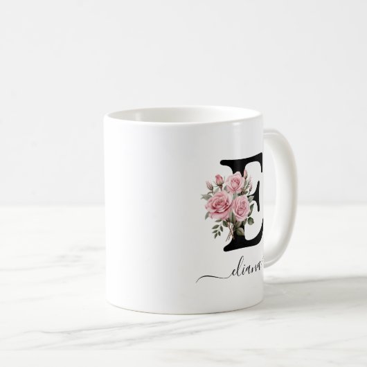 Initial E Pink Roses Floral Blume Monogramm Name Kaffeetasse (VorderseiteRechts)