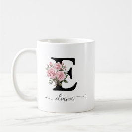 Initial E Pink Roses Floral Blume Monogramm Name Kaffeetasse