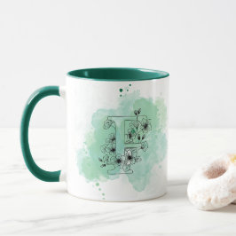 Initial F Aquarellmonogramm Grün Botanisch Tasse
